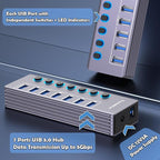 Powered 7-Port USB 3.0 Hub, USB C to 7 Ports USB Data Hub Splitter with Individual LED On/Off Switche, 3.3FT Cable, 12V/3A Power Adapter, for Laptop MacBook Pro/Air PC (Aluminum Gary)
