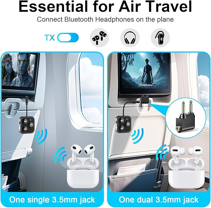 2025 Pro Bluetooth 5.4 Transmitter Receiver, 2-in-1 Wireless Audio Adapter for Airplane/TV/PC/Gym - Dual Link Headphone, Low Latency, Battery Display, Built-in Mic, 30H Playtime, Aviation Metal Frame