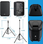 Professional Portable All-in-One 2-Way PA System Suitcase-Style Design with 8-Channel Mixer and 2X Speaker Stands,Bluetooth, Microphone, Remote Control for Performances, Presentations
