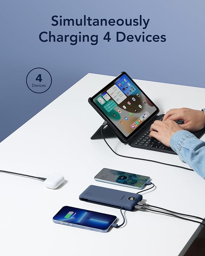 VEGER Portable Charger for iPhone with Built in Cables and Wall Plug, 10000mah Slim Fast Charging USB C Power Bank, Travel Essential Battery Pack Compatible with iPhone, iPad, Samsung etc(Navy)