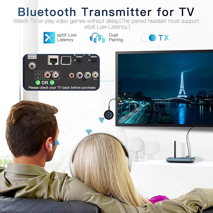 Bluetooth 5.3 Transmitter for TV/Airplane, 2-in-1 Bluetooth Transmitter Receiver for Home Stereo/Speakers/Headphones/PC/Car, Wireless Adapter w/3.5mm AUX/RCA Jack, Dual Link, Low Latency,16H