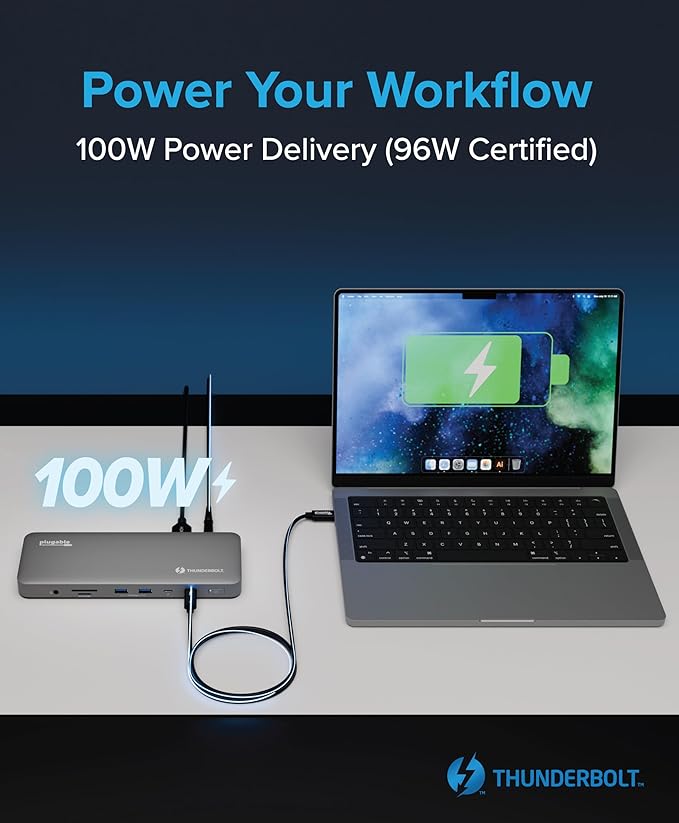 Plugable Thunderbolt 4 Dock for M4 MacBook Air & Pro: 100W Charging Driverless Laptop Docking Station with 4K HDMI Dual Monitor or Single 6K, 6X USB, SD, Ethernet, Thunderbolt Certified (TBT-UDM)