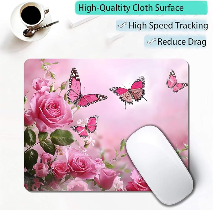 Cute Butterfly Pink Rose Flower Custom Mouse Pad with Non-Slip Rubber, Small Square Design for Wireless Laptop & Computer Mouse Pads for Desk, 9.5 x 7.9 inch Smooth Surface for Gaming & Office