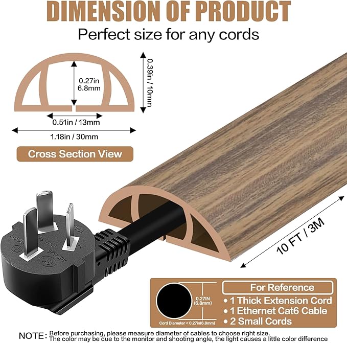 Floor Cord Cover Self Adhesive Cord Hider,10FT Cable Management, Extension Strip Protector for Wires, Prevent Cable Trips for Offices, Gyms, Exhibitions Cavity:0.39"(W) x0.27(H) Woodsmokedbrown