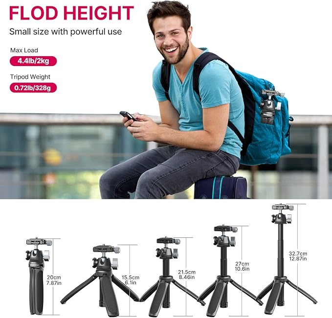ULANZI MT-47 Camera Tripod Aluminum Alloy Mini Travel Phone Tripod Stand Compact Desktop Tripod for DSLR, 360° Ball Head with 1/4 inch Arca Quick Release Plate Cold Shoe Portable Vlog Selfie Stick