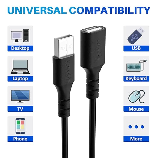 3 Pack USB Extension Cable 6 FT, USB 2.0 Type A Male to Female Extender Cord Adapter, Compatible with Printer, Keyboard, Mouse, Flash Drive, Hard Drive, Controller, Black Cable with 5 Cable Ties