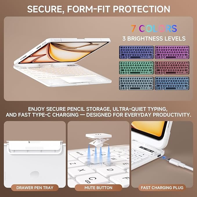 Transparent Case with Keyboard for iPad 9th (7th, 8th, and 9th Gen) 10.2 Inch,with 7-Color Backlit Wireless Keyboard,360°Rotatable Protective Case Multi-Touch Trackpad,with Pencil Holder,White