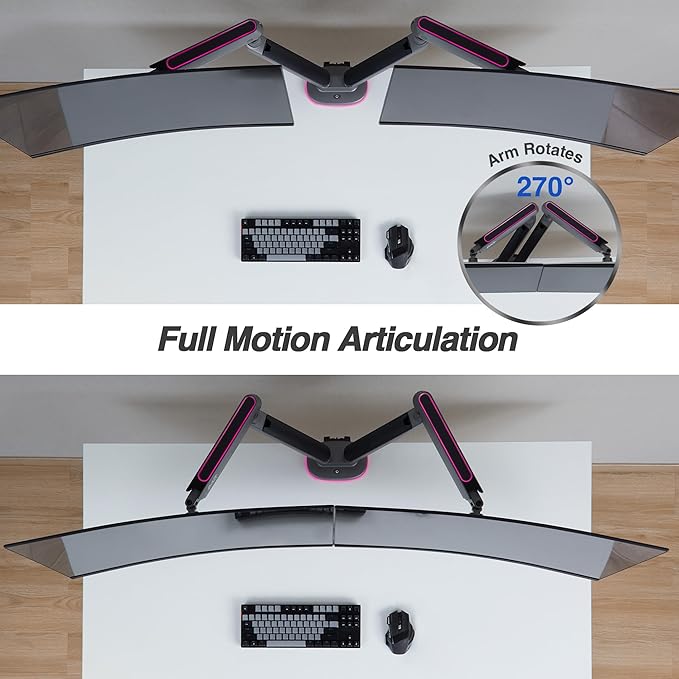 AVLT Dual 27”-43” RGB Gaming Monitor Arm Desk Mount Built-in 20 Lighting Modes Touch Button Control Fits Flat/Curved/Ultrawide Screen Height Swivel Tilt Rotation Adjustable Monitor Stand -Dark Gray