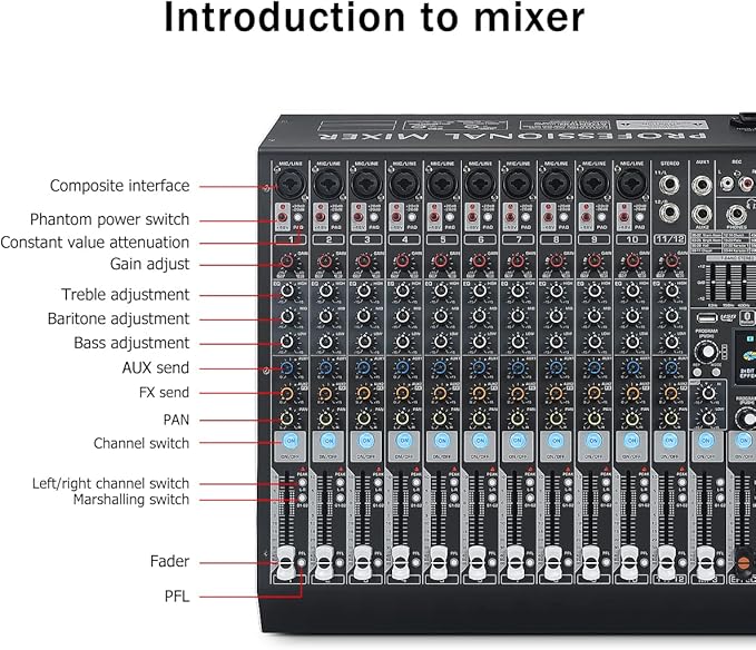 W IN-MIX DX12 Professional DJ Audio Mixer 12 Channel with 99 DSP Effects,7-band EQ,Independent 48V Phantom Power&Mute Button,Bluetooth Function,USB Interface Recording For Studio & Stage