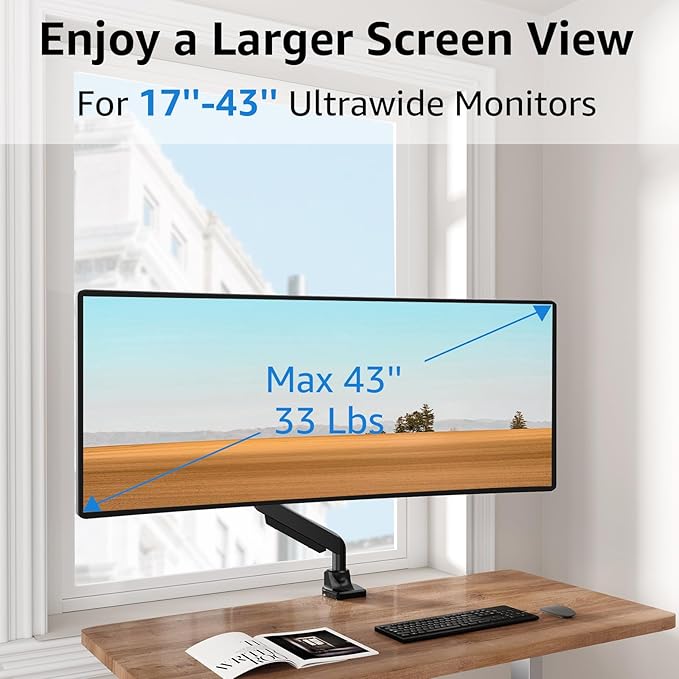 MOUNTUP Single Monitor Mount fits 22''-43'' Ultrawide Screen, Holds 6.6-33lbs, Computer Monitor Arm Desk Mount, Heavy Duty Gas Spring Monitor Stand for Flat/Curved Screen, with C-clamp/Grommet Base