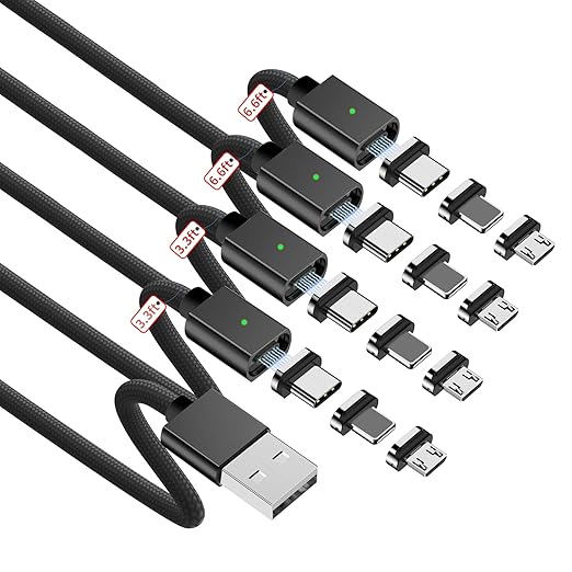 ZBF Magnetic Charging Cable 3A Fast Charging (4-Pack, 3.3/3.3/6.6/6.6 ft) 3 in 1 Magnetic Phone Charger, 480Mbps Data Transfer, USB A to Type C Charger Cable for USB-C/IproductMicro USB Device(Black)
