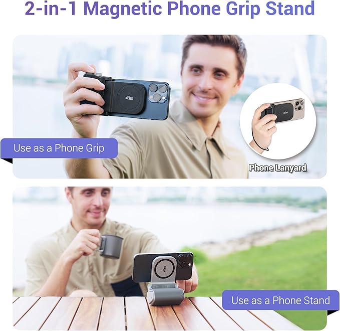 KIWIFOTOS for Magsafe Phone Camera Grip Magnetic Phone Tripod Handle with Bluetooth Remote & Tripod Mount Adapter for iPhone 16 Pro Max Samsung Smartphone Vlog Video Shooting (Gray)