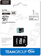 TEAMGROUP A2 Ultra Card 1TB Micro SDXC UHS-I U3 A2 V30, R/W up to 200/170 MB/s with Adapter TULMSDX1TIA2V3022503