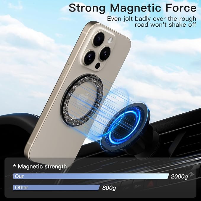 COOLQO 2Pcs 360 Spin Cell Grip Ring Phone Stand [Upgrade Gear Hinge Stress Relief] Magnetic Holders for Your car Accessories Desk Mount Compatible with iPhone All Smartphone, Glitter Black