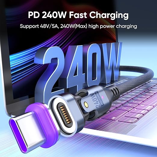 240W Magnetic Charging Cable ，180°Rotating USBC to USB C Magnetic Data Cable ，Micro USB Magnetic Phone Fast Charger Cable Data Transfer for Laptop/Tablet/Smart Phone (6ft)