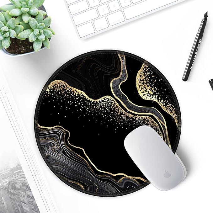 ITNRSIIET Round Mouse Pad with Stitched Edge Premium-Textured Waterproof Non-Slip Rubber Base Desktop Protection Mat Diameter 8.7 inches, Black Gold Marbling