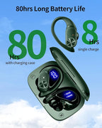 PocBuds Bluetooth Headphones Wireless Earbuds 80hrs Playtime Wireless Charging Case Digital Display Sports Ear Buds with Earhook Deep Bass IPX7 Waterproof Over-Ear Earphones for TV Phone Laptop Olive