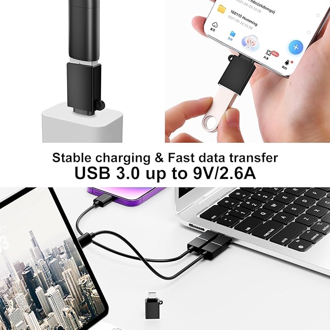 USB C to USB Adapter 6 Pack,USBC to USBA Adapter,Type-C Male USB-A Female OTG Adaptor,USB C Converter for iPhone 16 15,MacBook Pro,iPad,Samsung S24 S23 S22,Black