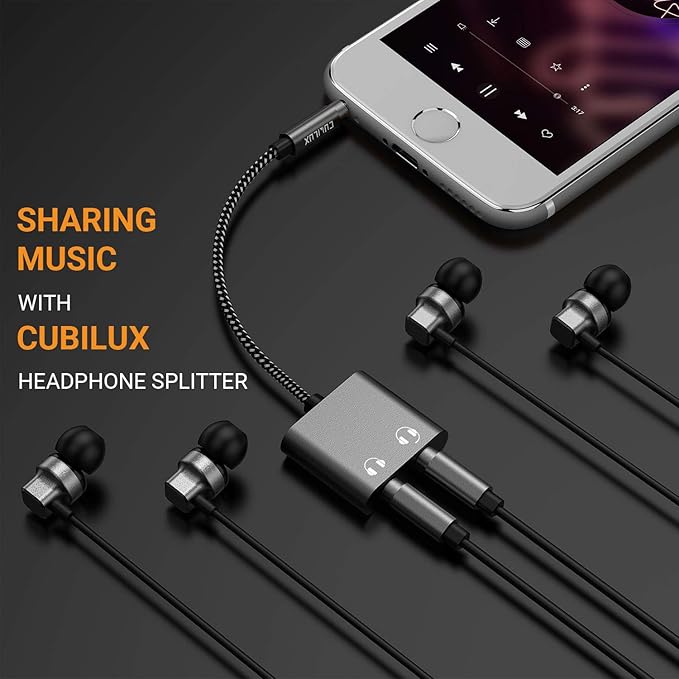 Cubilux 3.5mm Male to Dual Female Headphone Jack Splitter for Sharing Music, 2-Way 1/8” Stereo Audio Y Adapter, Compatible with MacBook iPad PC Computer Phone Laptop Tablet PS4 PS5 Xbox One/360