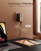 MOMAX Universal Travel Adapter, 170W GaN International Power Adapter, 2 USB-C 2 USB-A, Worldwide Travel Plug Adapter, International Power Adapter for Most Europe, USA, Japan, Australia (Type C/A/G/I)