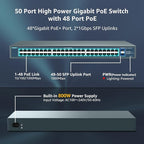 YuanLey 48 Port Gigabit PoE Switch Unmanaged with 2 1000Mbps SFP Uplink, 50 Port 802.3af/at 800W High Power PoE+ Network Switch, Metal Rackmount Power Over Ethernet Switch
