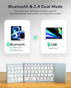 Samsers Multi-Device Foldable Bluetooth Keyboard with Touchpad, Rechargeable Dual-Mode(2.4G+BTx2) Wireless Keyboard with Holder, Portable Folding Keyboards for Android Windows iOS Mac OS - Blue