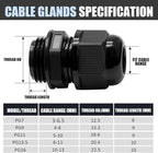 25 Pcs Nylon Cable Glands, PG7 PG9 PG11 PG13.5 PG16 Strain Relief Cable Cord Connector IP68 Waterproof Junction Box Wire Protectors Adjustable for 3-13mm Cable Diameter