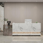 Front Desk Reception Counter - Lockable Storage & Keyboard Tray | Reception Desk with Counter, Customizable Large Counter Table (Grey+White, 108'')