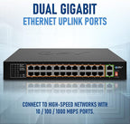 BV-Tech 24 Port PoE+ Switch with 2 Gigabit Ethernet or SFP Uplink, Long Range | POE-SW2402