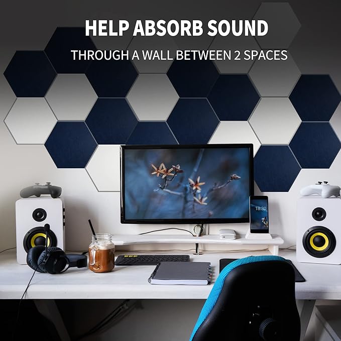 Mollywell Hexagon Acoustic Panels, High Density, Soundproofing, Decorative Noise Reduction Felt Wall Tiles for Ceilings, Home Office & Gaming Room (Black), 14x12x0.4 Inch