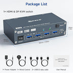 HDMI Displayport Hybird KVM Switch 2 Monitors 2 Computers 8K@60Hz 4K@144Hz, Aluminum Dual Monitor KVM Switches for 2 PC Share 2 Monitor and 4 USB Devices, Support Extended/Copy Mode,Cables Included
