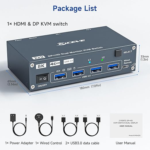 HDMI Displayport Hybird KVM Switch 2 Monitors 2 Computers 8K@60Hz 4K@144Hz, Aluminum Dual Monitor KVM Switches for 2 PC Share 2 Monitor and 4 USB Devices, Support Extended/Copy Mode,Cables Included