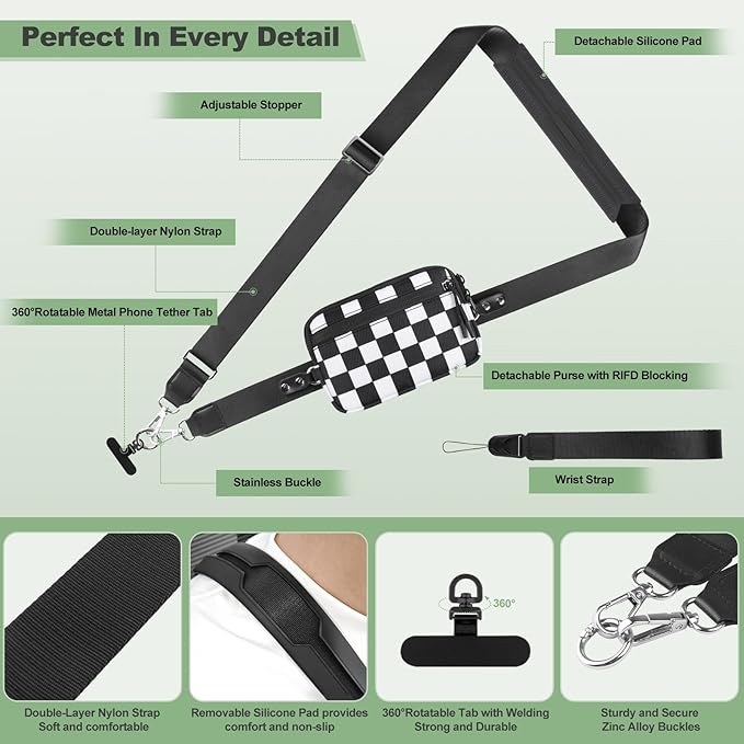 Clip and Go Strap for Phone with Wallet Crossbody, Adjustable Phone Lanyard with Detachable RFID Wristlet Wallet, Phone Strap with Phone Tabs for All Phones, Black Checkered (M)