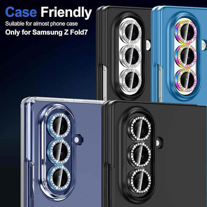 for Samsung Galaxy Z Fold 7 Camera Lens Protector, Individual Metal Ring Tempered Glass Lens Cover, [Strong Adsorption] Scratch Resistant Ultra-Thin HD Clear Lens Cover, 1 Set-Black Diamond