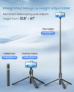 67" Selfie Stick Phone Tripod, All-in-1 Cell Phone Tripod with Wireless Remote, Extendable Compact Tripods Portable Travel Stand for iPhone Android Selfie/Video Recording/Live Stream/Vlog
