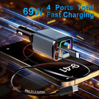 Retractable Car Charger, 4 in 1 Fast Charging USB-C & USB-A Compatible with iPhone 16/15/14/13/12/11 Pro Max, 69W Fast Car-Charger Cigarette Lighter Adapter for Galaxy, Pixel (Light-ning+USB-C) Grey