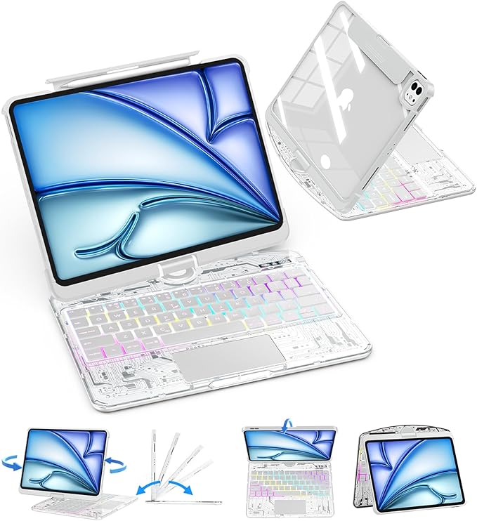 SIEBITU Clear Wireless Keyboard Case for iPad Air 11-inch (M3 2025/M2 2024) & iPad Pro 11-inch 4th 3rd 2nd 1st Gen, 7-Color Backlit with Multi-Touch Trackpad for 10.9" iPad Air 4th/5th Gen, White
