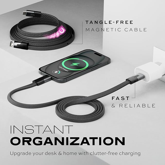Statik MagStack USB to USB C Cable, Magnetic Anti Tangle Flat A to Type C Charger Fast Charging Cord, Magnetic Charging Cable, Compatible with iPhone 16 Pro Max, 15, Galaxy S24 Ultra, 27W 6FT/2M