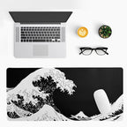 Japanese Sea Wave Large Mouse Pad, Abstract Black Gaming Mousepad, Extended Kanagawa Mat Desk Pad, 3mm Thick Long Non-Slip Rubber Base Mice Pad for Office and Home, 31.5x11.8 Inch