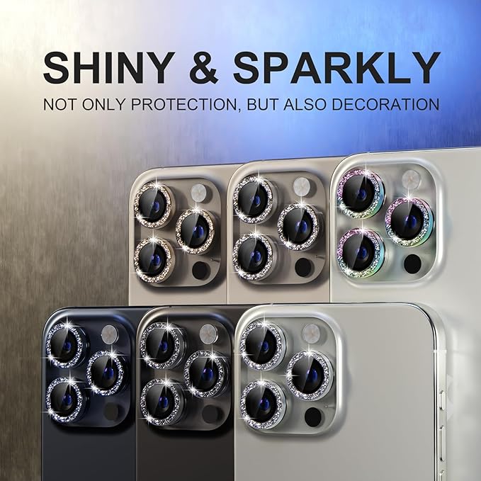 Choiche Compatible for iPhone 15 Pro/iPhone 15 Pro Max Camera Lens Protector Bling, 9H Tempered Glass Camera Cover Screen Protector Metal Ring Decoration Accessories (Glitter-Titanium Gray)