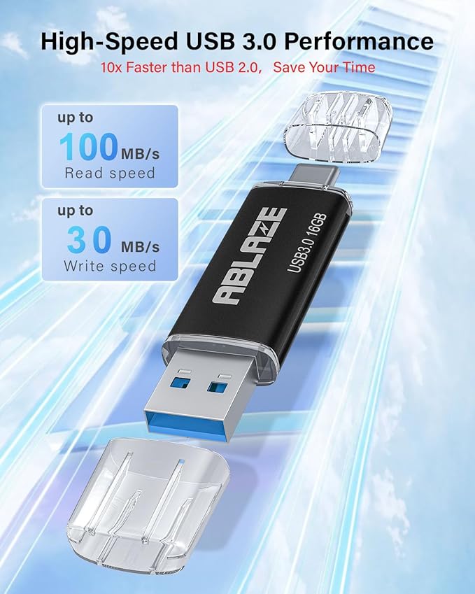 ABLAZE Type C Flash Drive 16GB, Dual USB 3.0+ USB C Flash Drive Compatible with iPhone 16/15,Android Smartphone,Computer,Tablet Mac Laptop