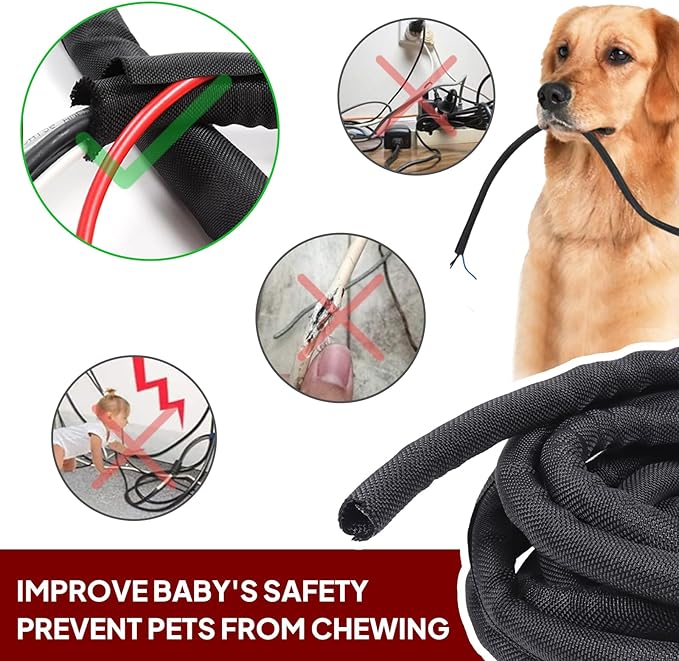 Black Braided Cable Management Sleeves Wire Loom Tubing Cord Protector Self-Wrapping (1/2"-12Feet)