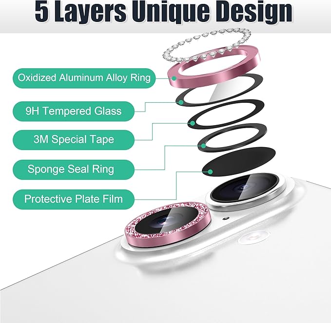 AGVEE 3+3 6 Pack for iPhone 16 6.1" / 16 Plus 6.7" Camera Lens Cover Protector, Bling Diamond & Bling Glitter Metal Ring 9H Tempered HD Glass Camera Cover Protector Film, Bling-Pink