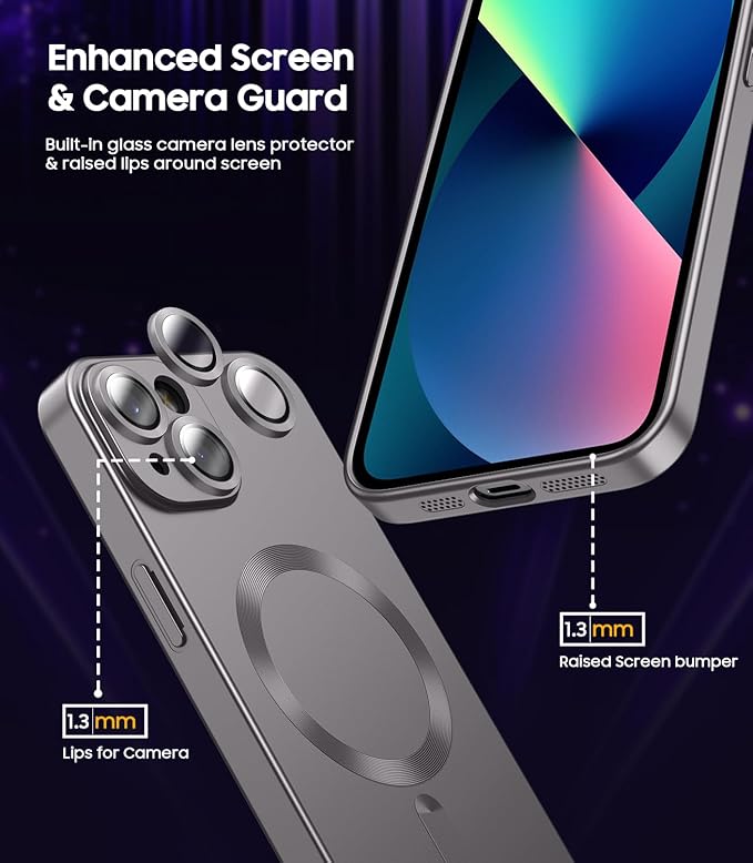 Magnetic for iPhone 13 Case [Compatible with MagSafe][Built-in Camera Lens Protector] Slim Soft Silicone Bumper Shockproof Metallic Luster Phone Case (Gray)