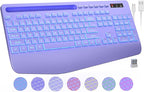 Wireless Keyboard with 7 Colored Backlits, Wrist Rest, Phone Holder, Rechargeable Ergonomic Computer Keyboard with Silent Keys, Full Size Lighted Keyboard for Windows, MacBook, PC, Laptop (Purple)