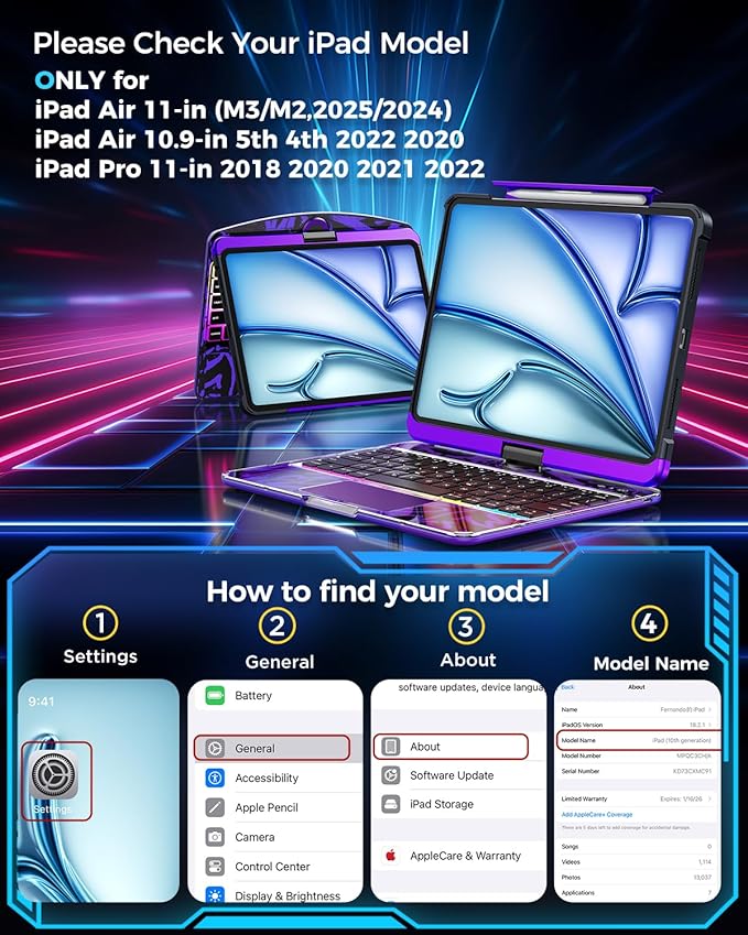 SIEBITU Clear Wireless Keyboard Case for iPad Air 11-inch (M3 2025/M2 2024) & iPad Pro 11-inch 4th 3rd 2nd 1st Gen, 7-Color Backlit with Multi-Touch Trackpad for 10.9" iPad Air 4th/5th Gen, Purple