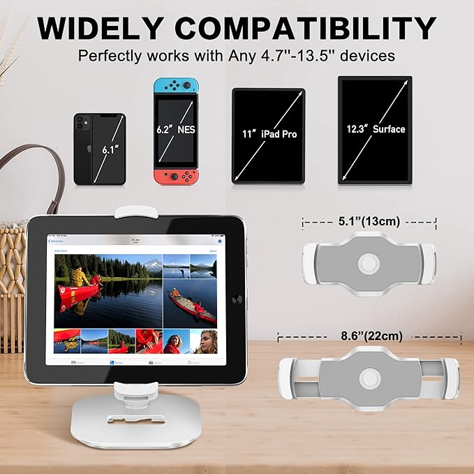 AboveTEK Upgraded Desktop Tablet Stand, 360° Swivel Tablet & Phone Desk Mount Holders for Any 4.7''-13.5'' Display iPad/Cell Phones, Stylish & Sturdy Stands for Store Office Showcase Reception (White)