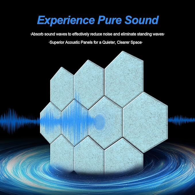 Mollywell Hexagon Acoustic Panels, High Density, Soundproofing, Decorative Noise Reduction Felt Wall Tiles for Ceilings, Home Office & Gaming Room (Smoky Blue), 14x12x0.4 Inch