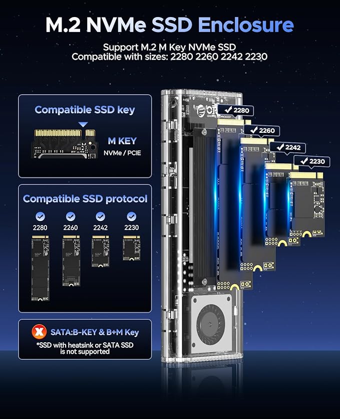 ORICO 40Gbps M.2 NVMe SSD Enclosure with Built-in Cooling Fan, Tool-Free External Hard Drive Enclosure, Support 2230 2242 2260 2280(M Key), Compatible with Thunderbolt 3/4 USB4/3.2/3.1/3.0/2.0-TCM2U4