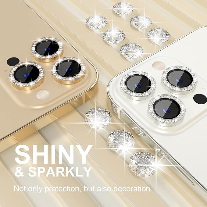 Choiche [3+1 for iPhone 13 Pro/iPhone 13 Pro Max Camera Lens Protector Bling, 9H Tempered Glass Camera Cover Screen Protector Metal Ring Decoration Accessories (Diamond-Gold)